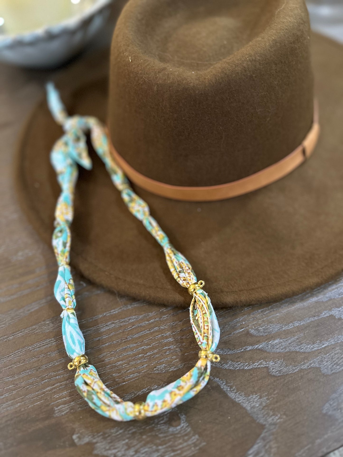 Turquoise/Yellow Floral Print Bandana Style Necklace