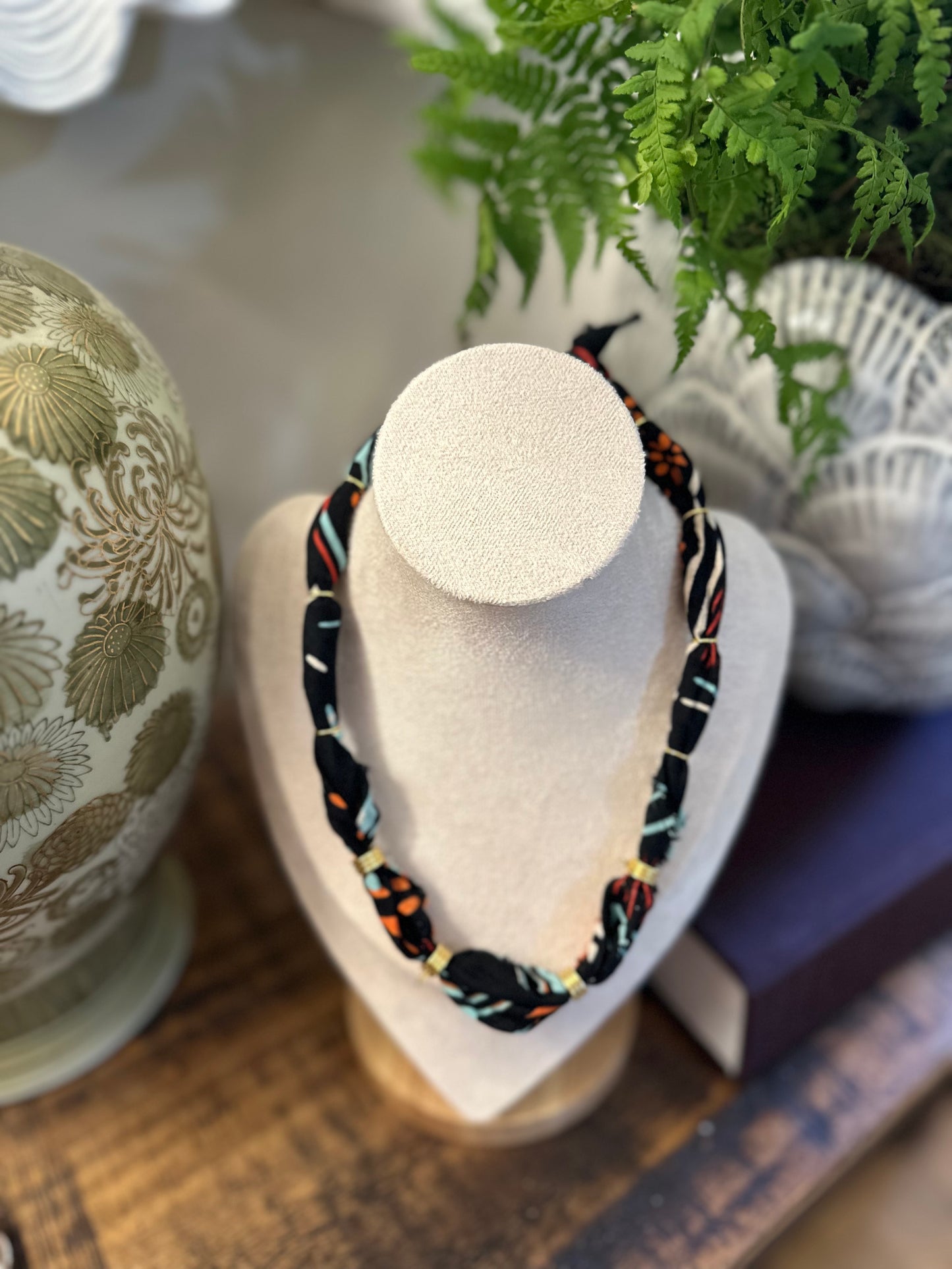 Black/Orange/Turquoise Bandana Style Necklace