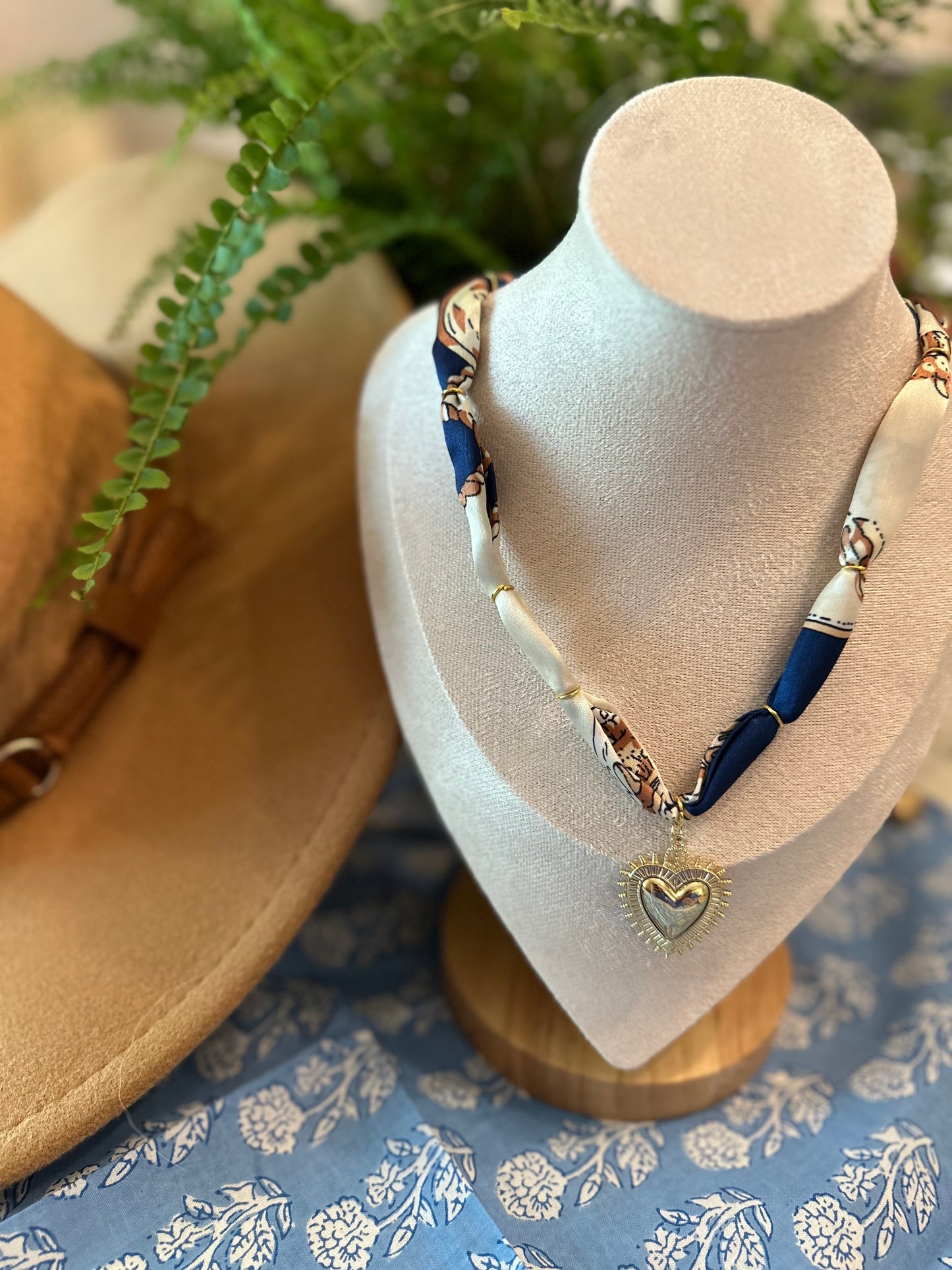 Navy/Tan/Cream Silk Bandana Necklace