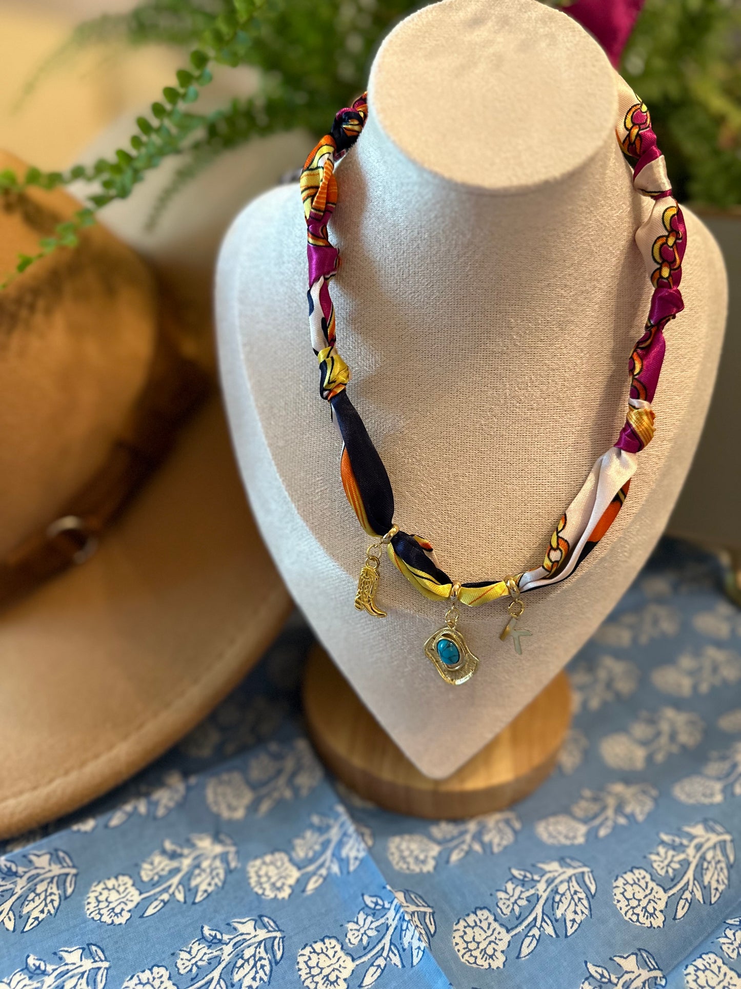 Fuchsia/Navy/Orange Silk Bandana Necklace