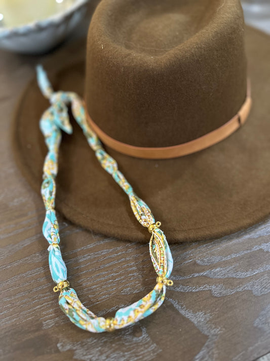 Turquoise/Yellow Floral Print Bandana Style Necklace