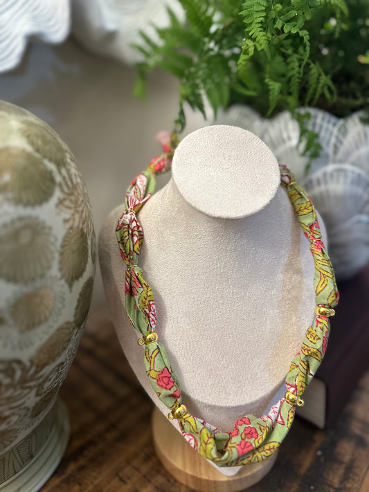 Green & Pink Floral Bandana Style Necklace