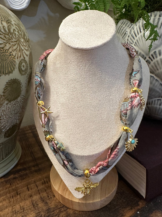 Gray Floral Bandana Style Necklace