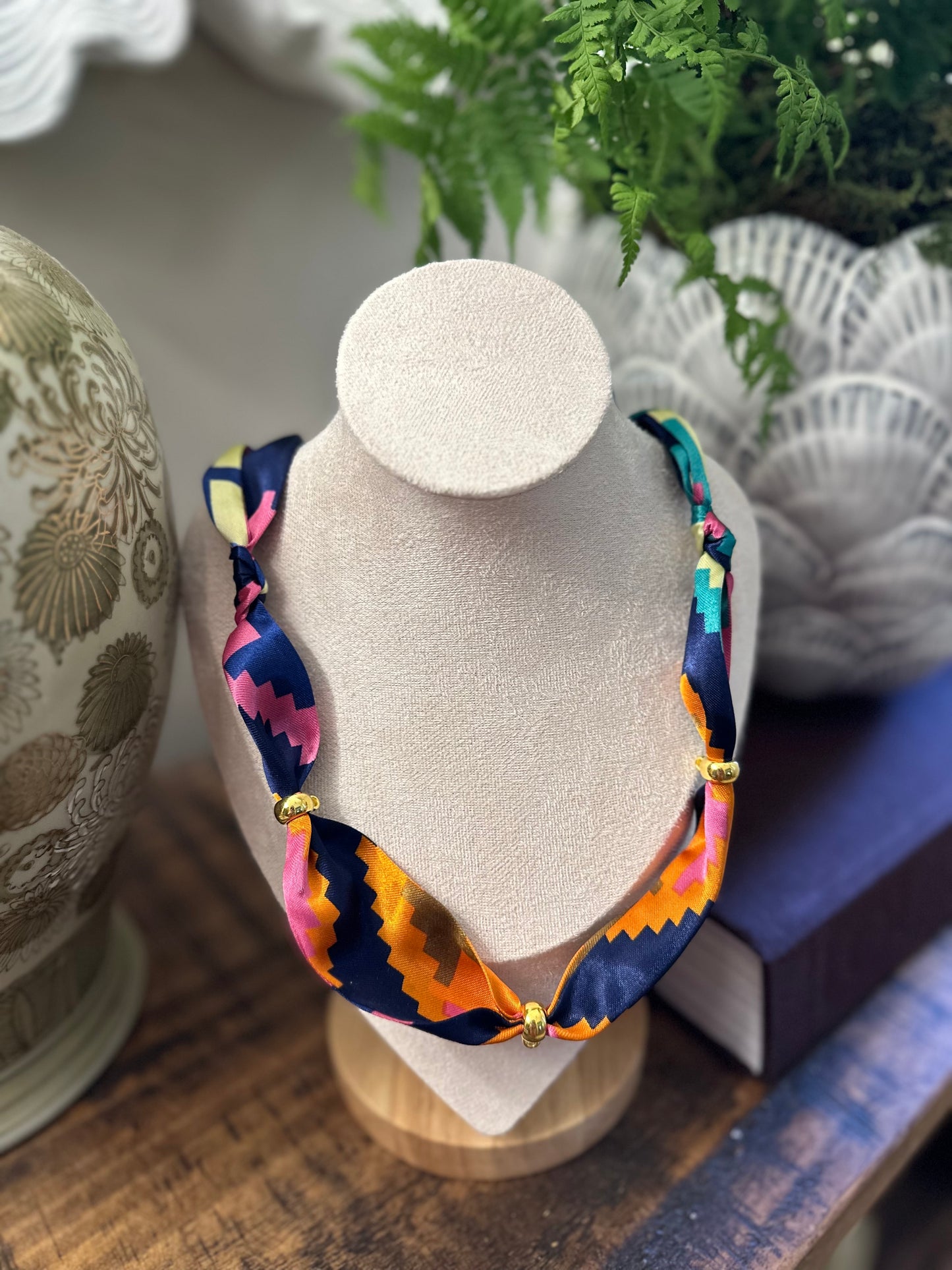 Navy/Pink/Orange Silk Bandana Style Necklace