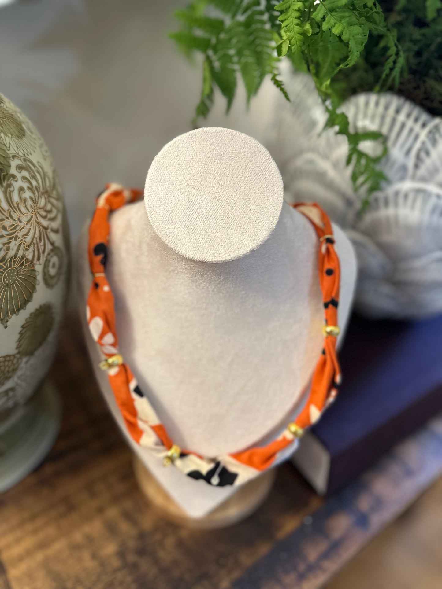 Orange/Black/Cream Bandana Style Necklace
