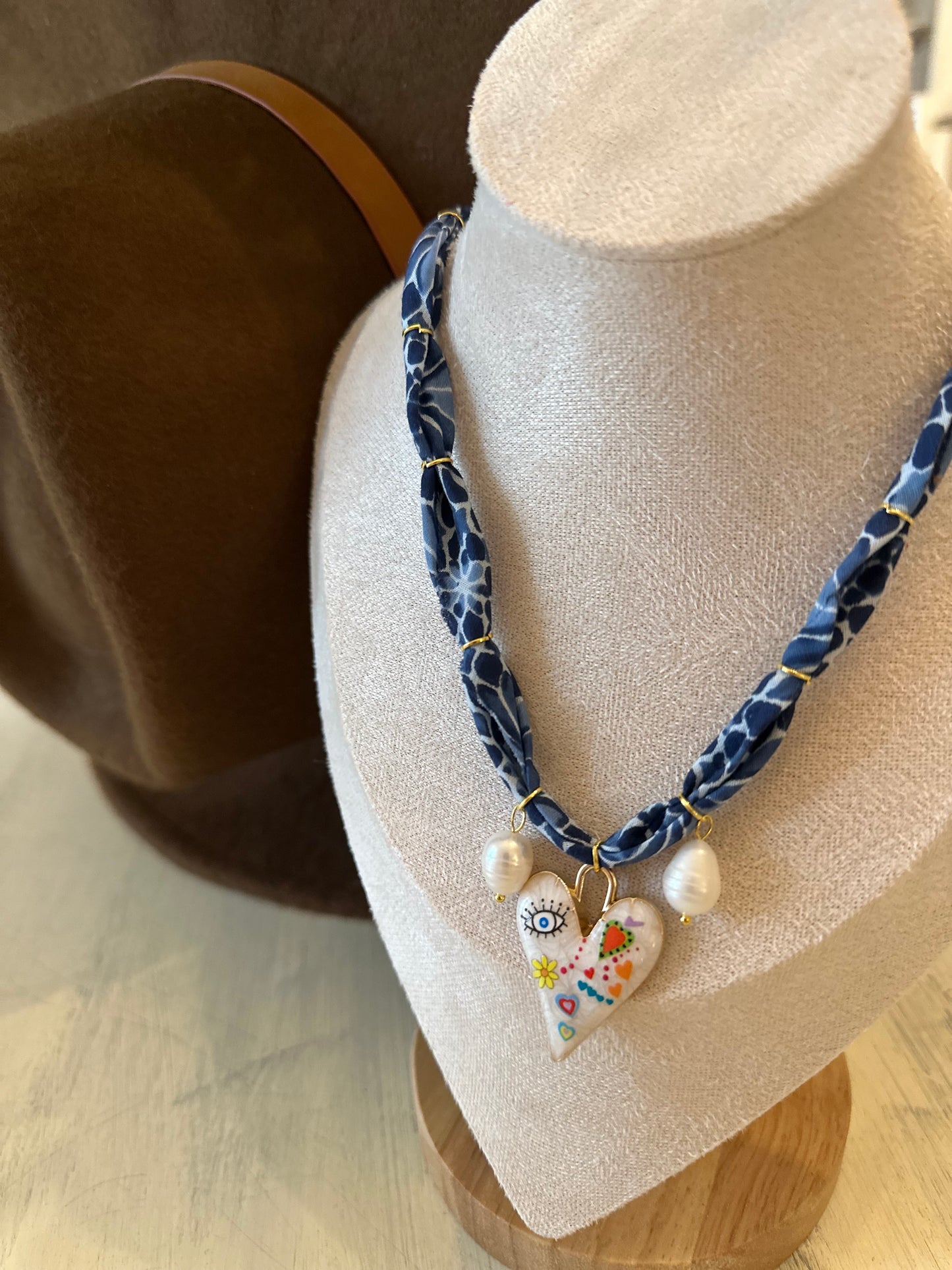 Blue & White Heart Bandana Charm Necklace