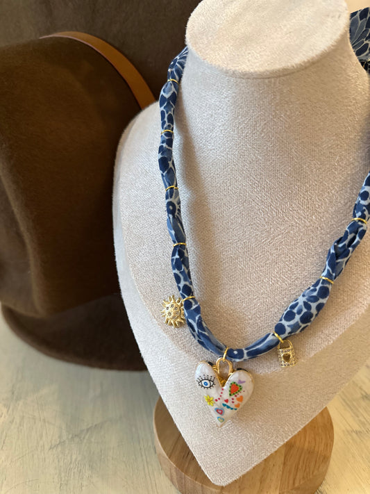 Blue & White Floral Bandana Charm Necklace
