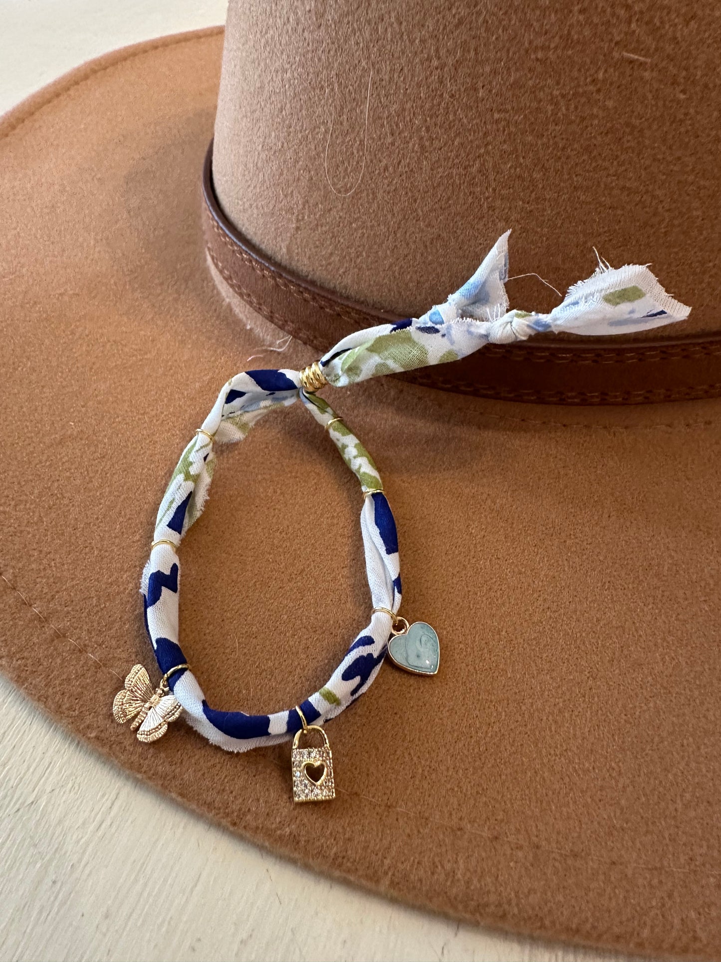 White/Blue/Green Floral Bandana Charm Bracelet